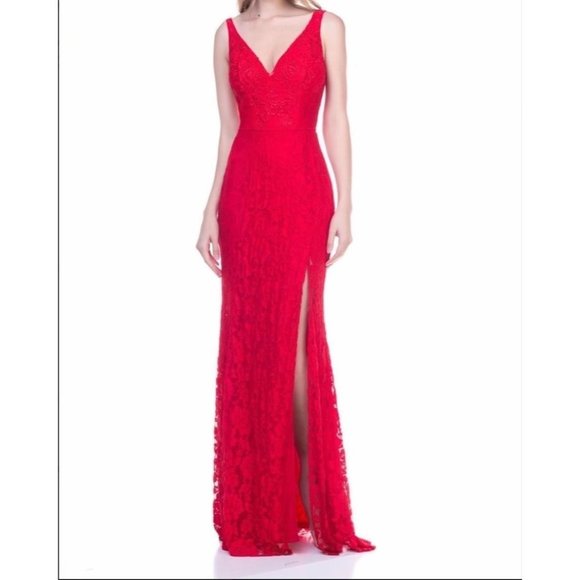 Maniju Lace Sleeveless High Slit V-Neck Maxi Gown Red Size Large NWT - Picture 1 of 6
